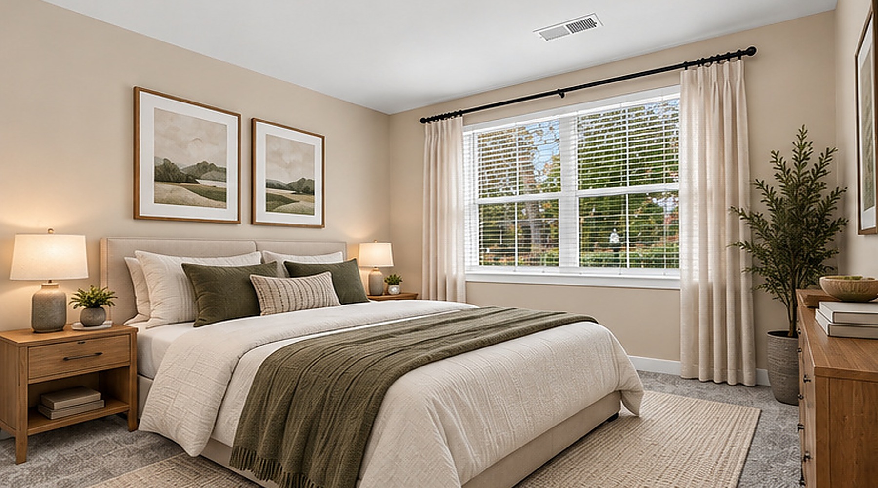 Bedroom with queen sized bed, plant, twin night stands, and large window