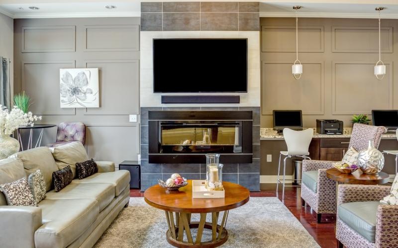 a living room with a fireplace